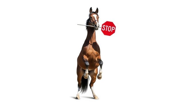 horse holding a red stop sign, road sign, solid white background