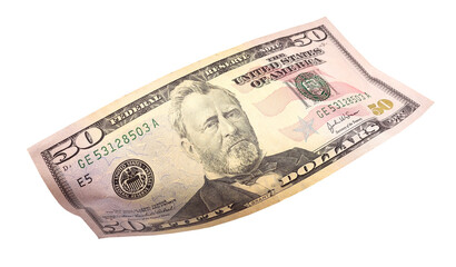 Close up of flying fifty dollar banknote