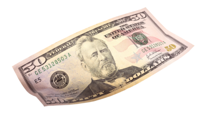 Close up of flying fifty dollar banknote