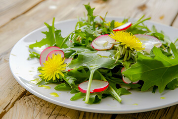 Sałatka z liści mniszka lekarskiego i rzodkiewki na białym talerzu, wiosenna kuchnia i zdrowa dieta.