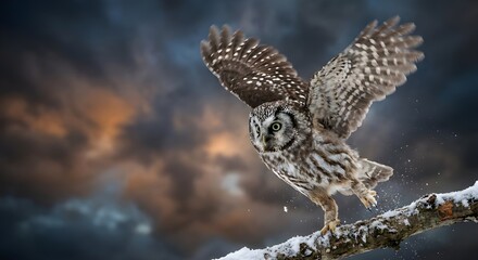 Obraz premium Detailed and realistic portrait of boreal owl (Aegolius funereus) in flight on isolated background 