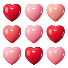 Set of red 3d hearts on a white background featuring romantic pink shapes and vector icons for a Valentines Day holiday celebration design