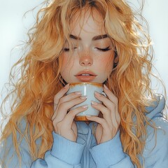 A young woman with long, wavy blonde hair holds a cup of coffee and gently closes her eyes in a moment of peaceful enjoyment.