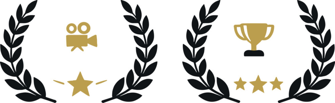 Official selection at a film festival, jury award in competition, black and gold vector icon set