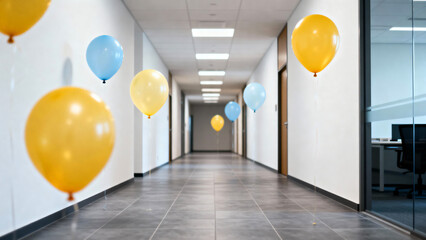 Colorful balloons in office hallway creating festive atmosphere for celebration. Bright balloons in yellow and blue float in corridor, enhancing cheerful environment for events and gatherings.