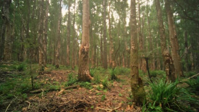 Serene forest with lush mosses, Quiet forested landscape hiding secret mosscovered footpaths and ancient giants