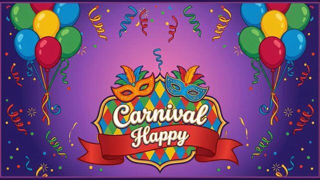 Vibrant Happy Carnival Celebration with Colorful Masks and Balloons.