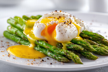 Szparagi z jajkiem w koszulce i sosem holenderskim na talerzu, eleganckie śniadanie w stylu kuchni europejskiej.