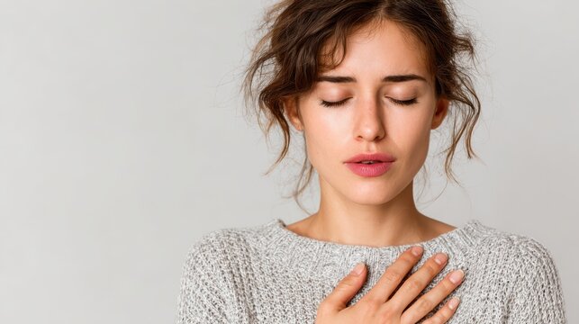 Health and wellness concept, woman experiencing shortness of breath, highlighting respiratory discomfort, potential medical concern, or the need for urgent care.