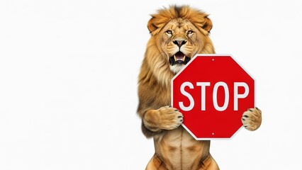 lion holding a red stop sign, road sign, solid white background
