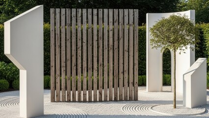 Fototapeta premium Modern zen garden with a wooden screen, white gravel, and architectural elements for relaxation and minimalist landscape design.