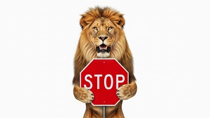 lion holding a red stop sign, road sign, solid white background
