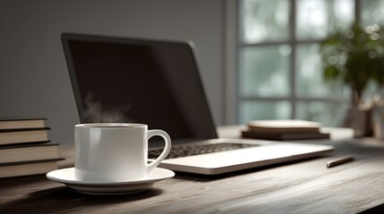 Remote Work Home Office With Coffee Mug and Laptop