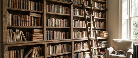 Classic home library with tall bookshelves and wooden ladder