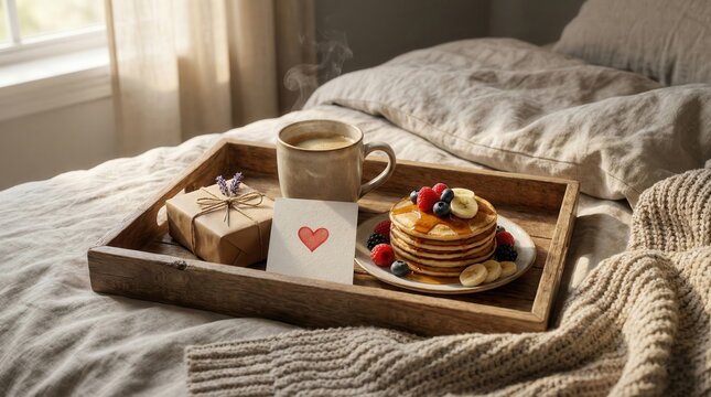 Colazione a letto con pancakes, caff&egrave; e biglietto con cuore su vassoio. Generative AI