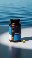 Amber bottle with Omega 3 softgels and a single capsule on a white surface with a calming blue water background and soft light casting shadows.