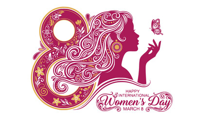 International Women's Day design. International Women's Day celebration poster or banner design with a woman and butterfly and text. Featuring beauty of a woman with freedom and serenity. PNG version.