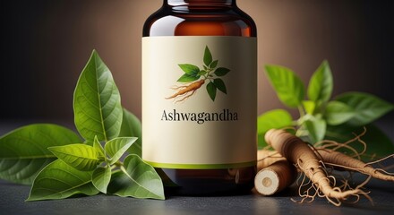 Ashwagandha plant roots and leaves surround an amber glass bottle with the herb's name on the label, presented on a dark surface with a soft gradient background for wellness promotion.