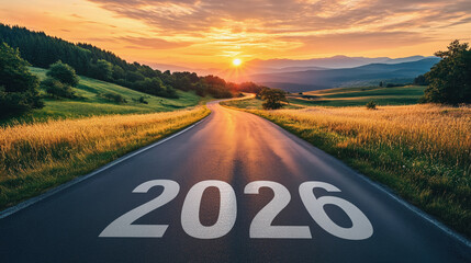 Country road at sundown with text "2026" on it