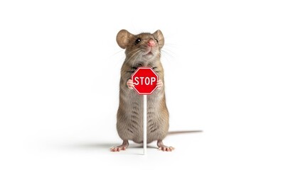 mouse holding a red stop sign, road sign, solid white background