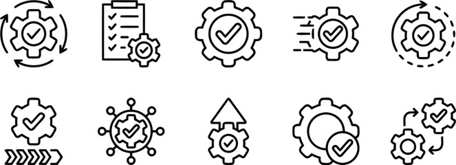 System approval and verified process line icon set