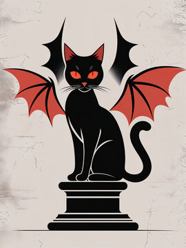 Illustration of a black cat with red bat wings sitting on a pedestal in a gothic style
