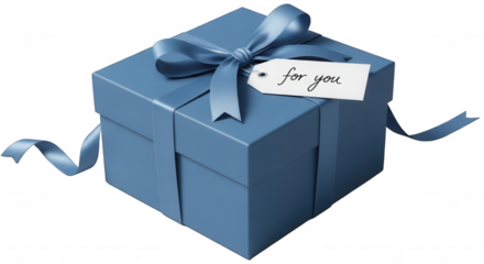 Square blue gift box with a delicate blue ribbon tied in a bow and a white tag displaying the handwritten phrase 'for you' isolated on transparent background