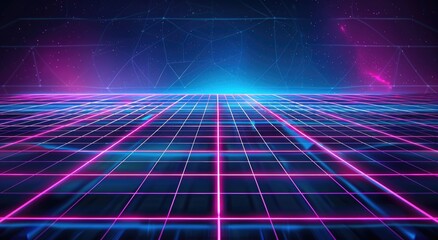 A geometric, digital space with pink and blue lines, forming a grid, futuristic glow