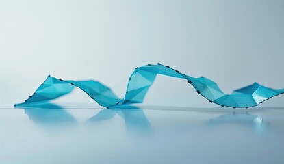 A geometric, wavy ribbon-like structure. It's rendered in cool blue hues, resting on a reflective surface