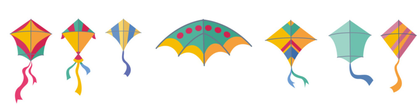 A colorful collection of illustrated flying kites with various decorative patterns and ribbon tails.