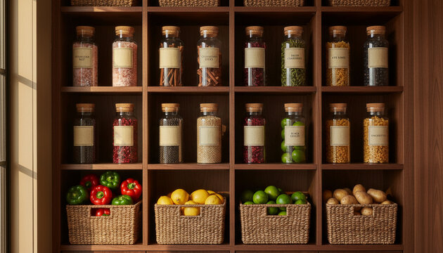 Organized Pantry Shelves Filled with Fresh Produce and Pantry Staples