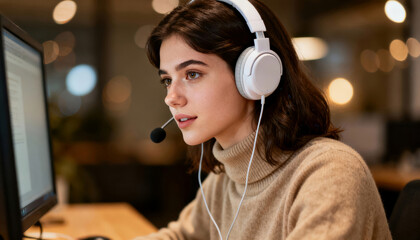 Woman with headset and microphone focused at computer in modern office