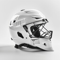 A glossy white protective helmet for sports with a wire cage and black straps