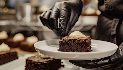 A gloved chef places a dollop of cream on a square of chocolate cake, serving it on a white plate