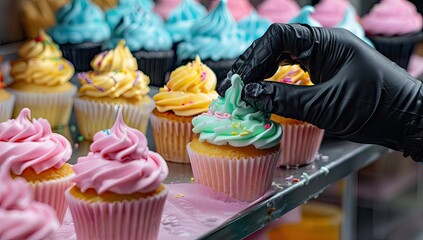 A gloved hand carefully places sprinkles on a cupcake. Rows of colorful cupcakes fill the scene