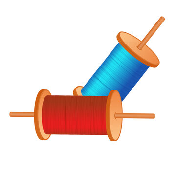 Two vibrant spools of kite flying thread, one red and one blue, on wooden firkis.