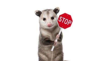 opossum holding a red stop sign, road sign, solid white background
