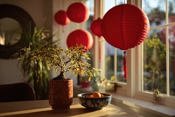 Red paper lanterns hang near a window in a modern interior. Delicate decorations and natural light evoke peaceful celebration.
