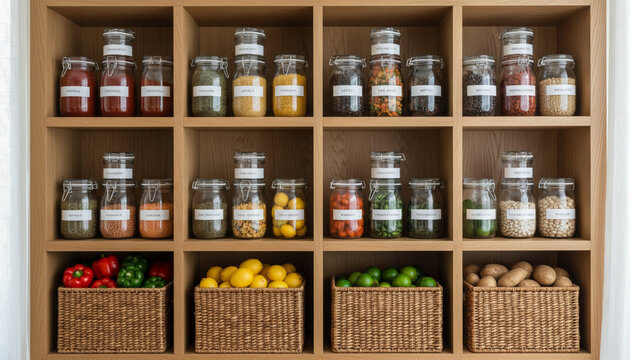 Organized wooden pantry shelves stocked with glass jars of diverse spices, herbs, and dry ingredients, plus baskets of fresh produce. A tidy and functional kitchen storage