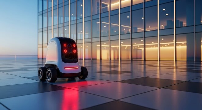 Autonomous delivery robot travels near modern glass building exterior showcasing smart urban logistics technology