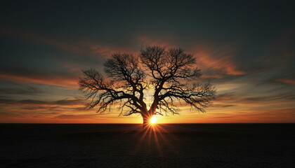 The bare branches of a lone tree reach towards the brilliant hues of a dramatic twilight sky, capturing the serene beauty of day's end and the promise of a new dawn