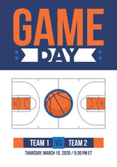 Game Day. Basketball playoff in March. Super sport party in United States. Final games of season tournament. Professional team championship. Ball for basketball. Sport poster. Vector