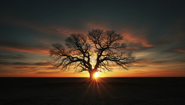 The bare branches of a lone tree reach towards the brilliant hues of a dramatic twilight sky, capturing the serene beauty of day's end and the promise of a new dawn