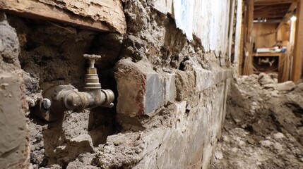 Close-up of a metallic valve on a damaged wall during renovation with exposed concrete and debris in an interior construction site