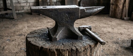 Heavy iron anvil and hammer on a wooden stump