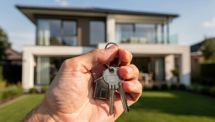 Hand Holding House Keys in Front of Blurred New Home Background. Represents real estate, buying a house, mortgage, and ownership.