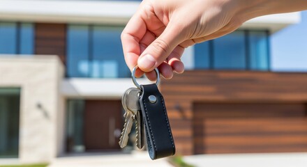 Hand Holding House Keys in Front of Blurred New Home Background. Represents real estate, buying a house, mortgage, and ownership.