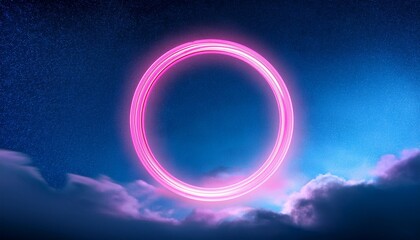 Obraz premium Vibrant Neon Pink Circle Illuminating Soft Clouds Against A Deep Blue Night Sky