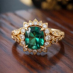 Elegant Gold Ring with Green Gemstone and Diamonds