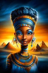 Elegant Woman with Pyramids at Sunset